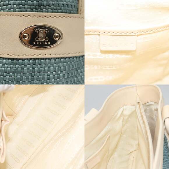 CELINE Hand Bag Straw Leather Blue Cream Gold - Picture 11 of 13